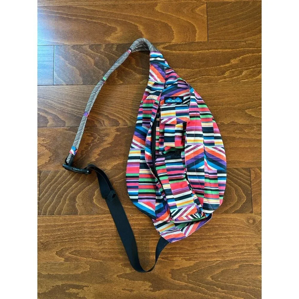 KAVU RAINBOW‎ Sling Bag Vibrant! Striped Candy Large Pockets Zip Clean Purse